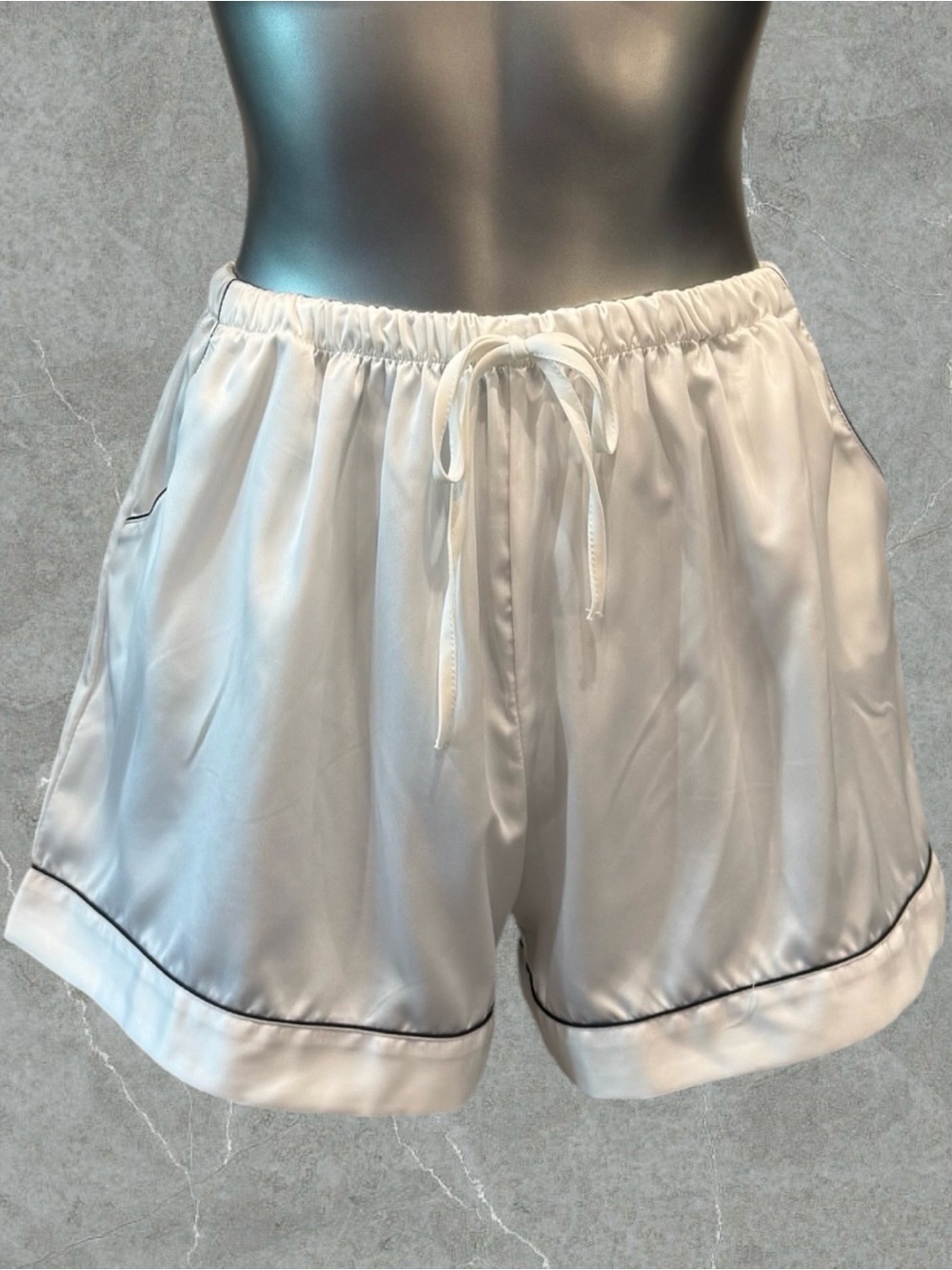 $10 Add-on | High-Waist White Satin Lounge Shorts with Contrast Piping